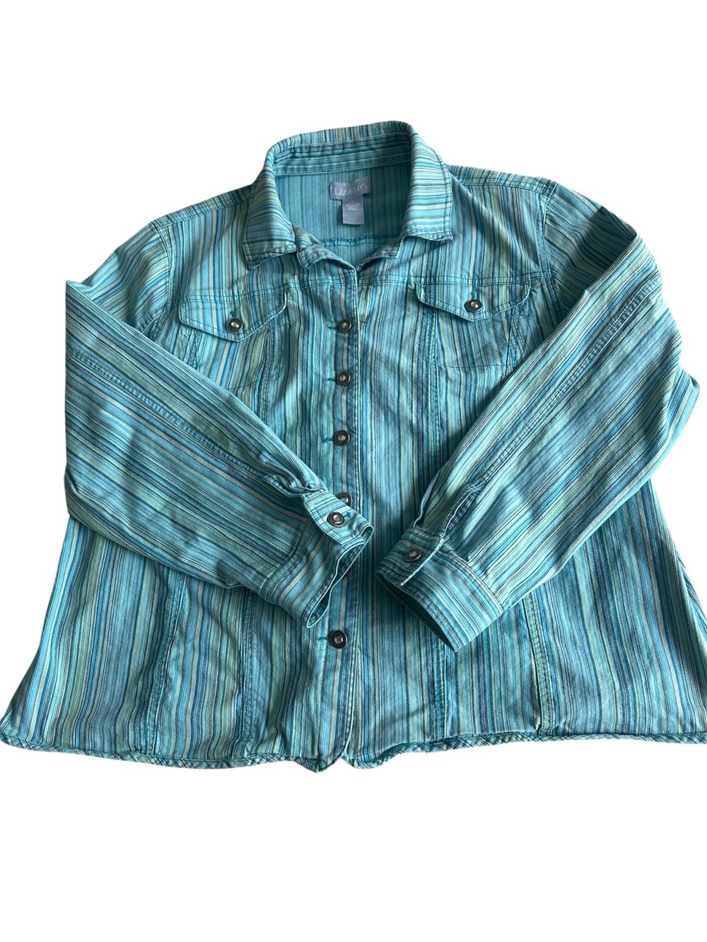 Vintage Liv & Me 1X Blue Green Multicolor Striped Jean Jacket Long Sleeve Pocket